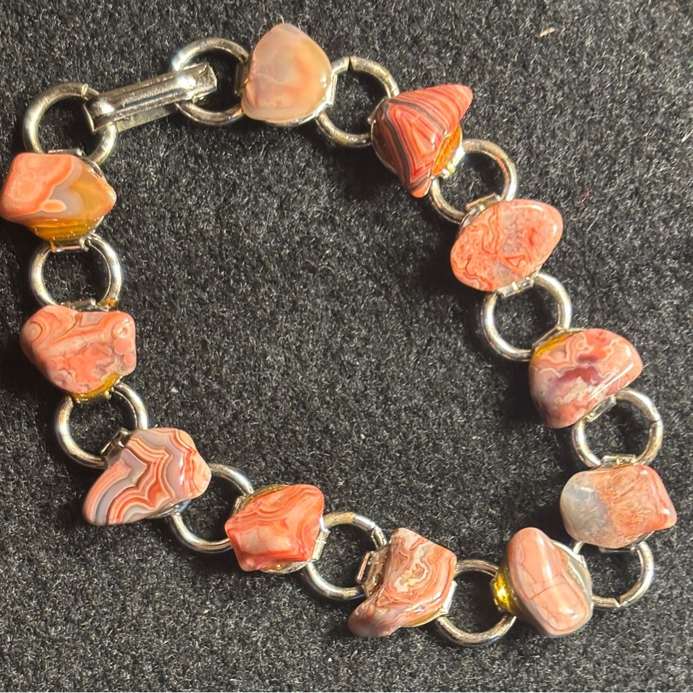 Unique Vintage Silver-Tone Metal  Bracelet w/Pink Quartz Stones